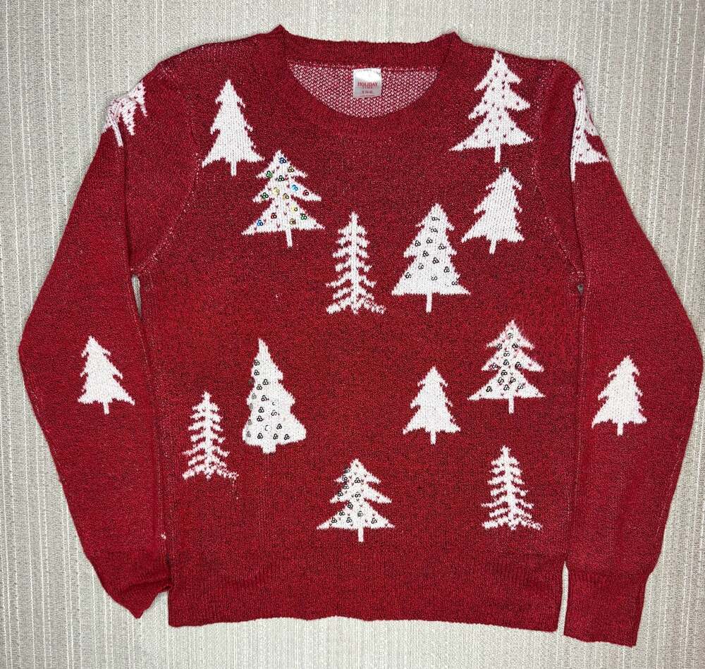Holiday Time Women's Red Christmas Tree Pattern Sequin Knit Sweater